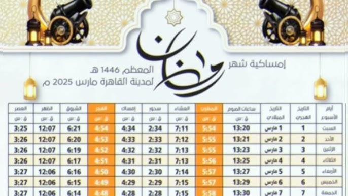 امساكيه شهر رمضان 2025 .. عدد الساعات في الافطار والسحور طوال الشهر الكريم