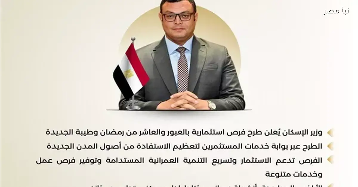 طرح فرص استثمارية جديدة في مدن العبور والعاشر وطيبة الجديدة