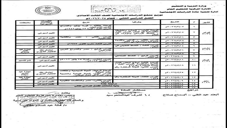 توزيع منهج الدراسات الاجتماعية للمرحلة الإعدادية خلال فبراير ومارس وأبريل