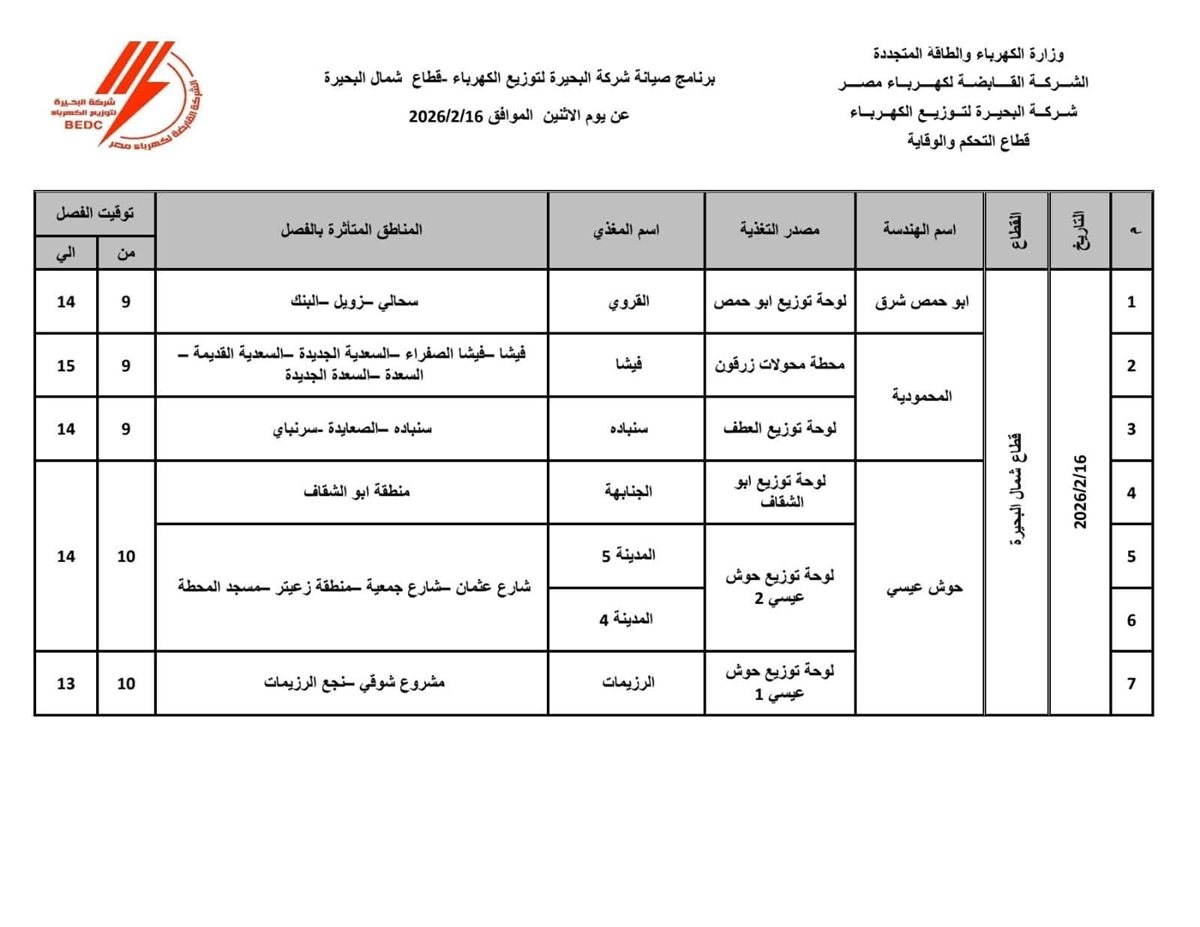 جدول فصل الكهرباء عن عدة قرى ومناطق في محافظة البحيرة اليوم الإثنين 16 فبراير