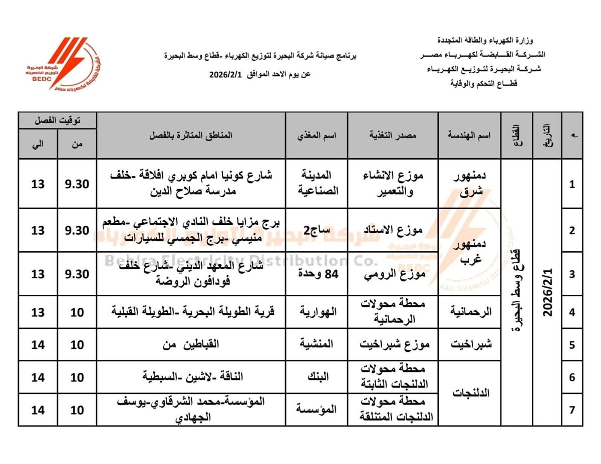 جدول فصل الكهرباء بمناطق وقرى محافظة البحيرة اليوم الأحد 1 فبراير